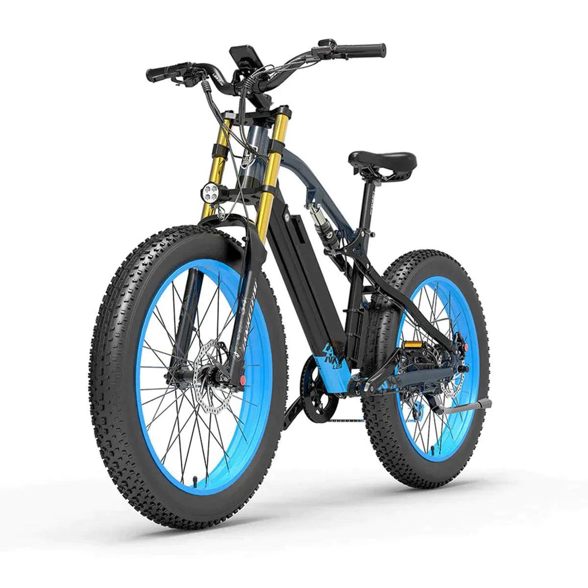 Lankeleisi RV700 electric mountain bike with blue wheels, front side view