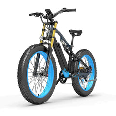 Lankeleisi RV700 electric mountain bike with blue wheels, front side view
