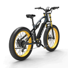 Lankeleisi RV700 electric mountain bike, black frame, yellow rims, rear angle view