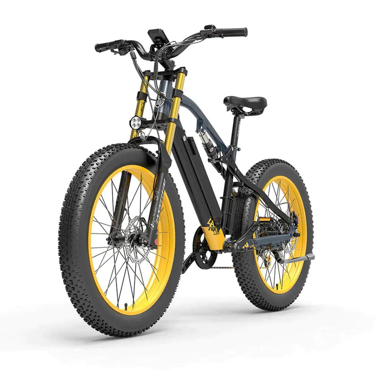 Lankeleisi RV700 electric mountain bike with yellow rims, front side view