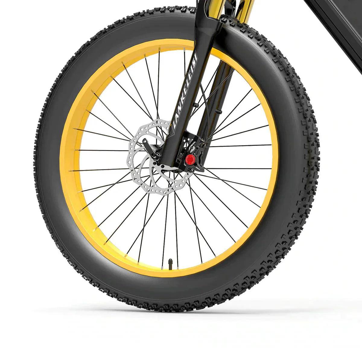 Lankeleisi RV700 electric mountain bike front wheel with yellow rim close-up