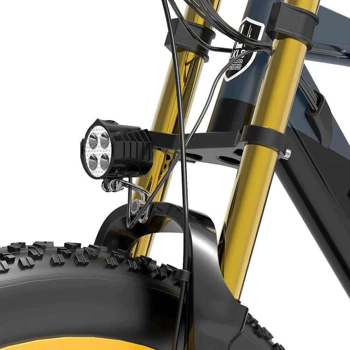 Lankeleisi RV700 electric mountain bike front suspension fork and headlight close-up