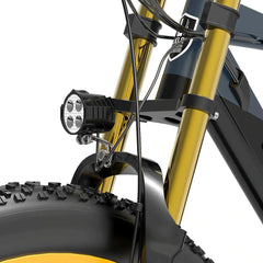 Lankeleisi RV700 electric mountain bike front suspension fork and headlight close-up