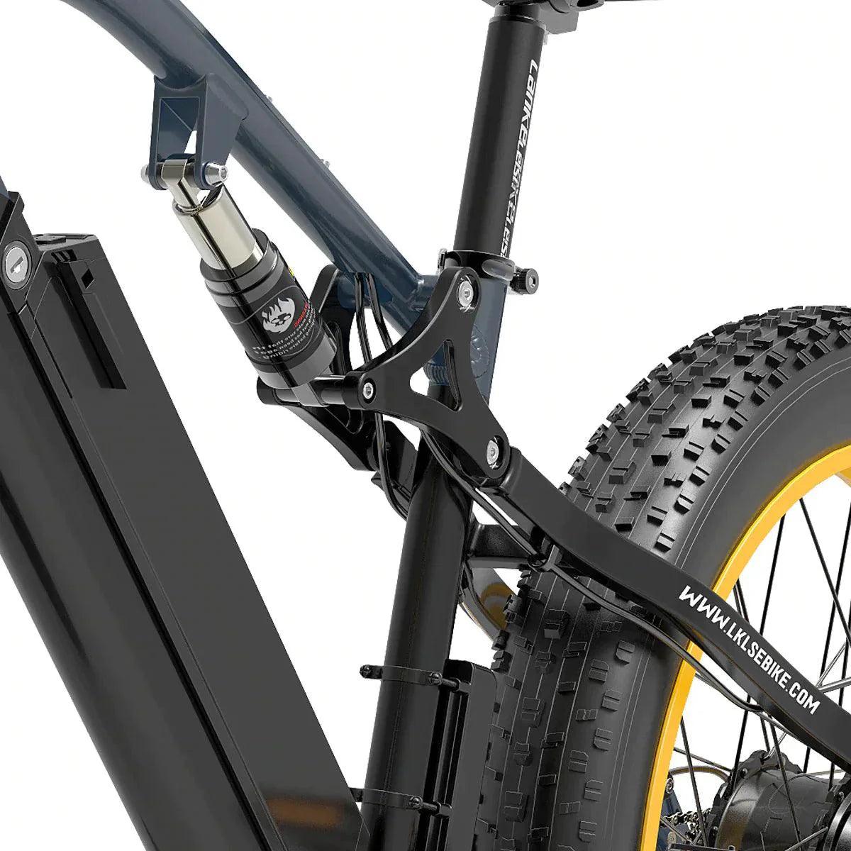Lankeleisi RV700 mountain e-bike rear suspension and black battery close-up