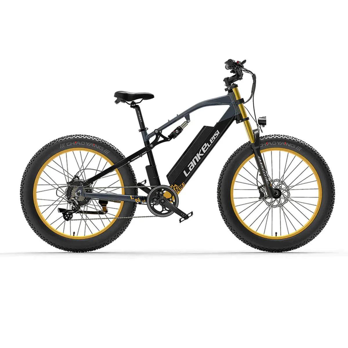 Lankeleisi RV700 electric mountain bike, black and gold, side view