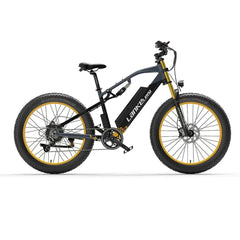 Lankeleisi RV700 electric mountain bike, black and gold, side view