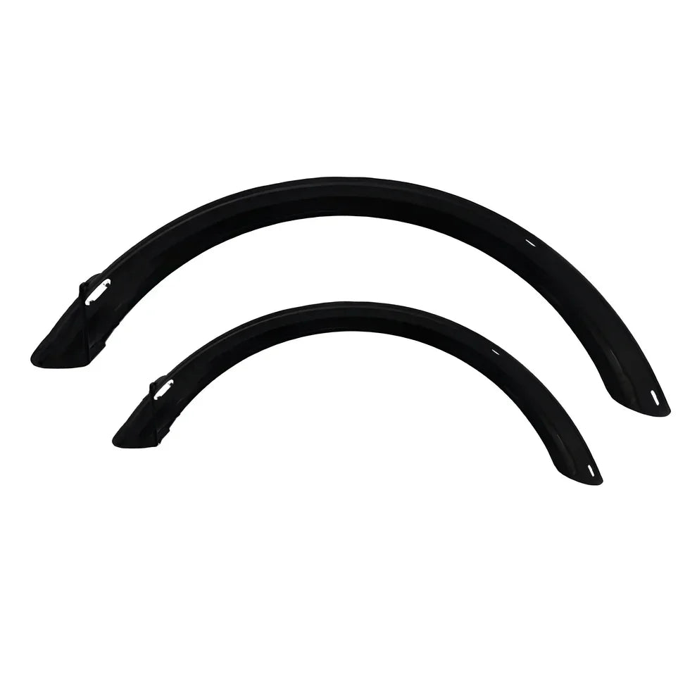 Two black car fenders on a white background