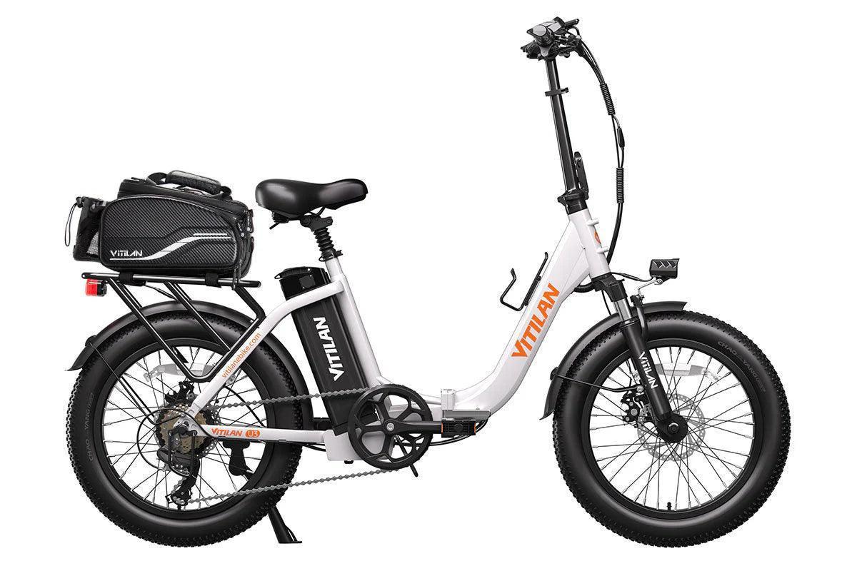 VITILAN U3 electric bike in white, side view with rear cargo bag and fat tires