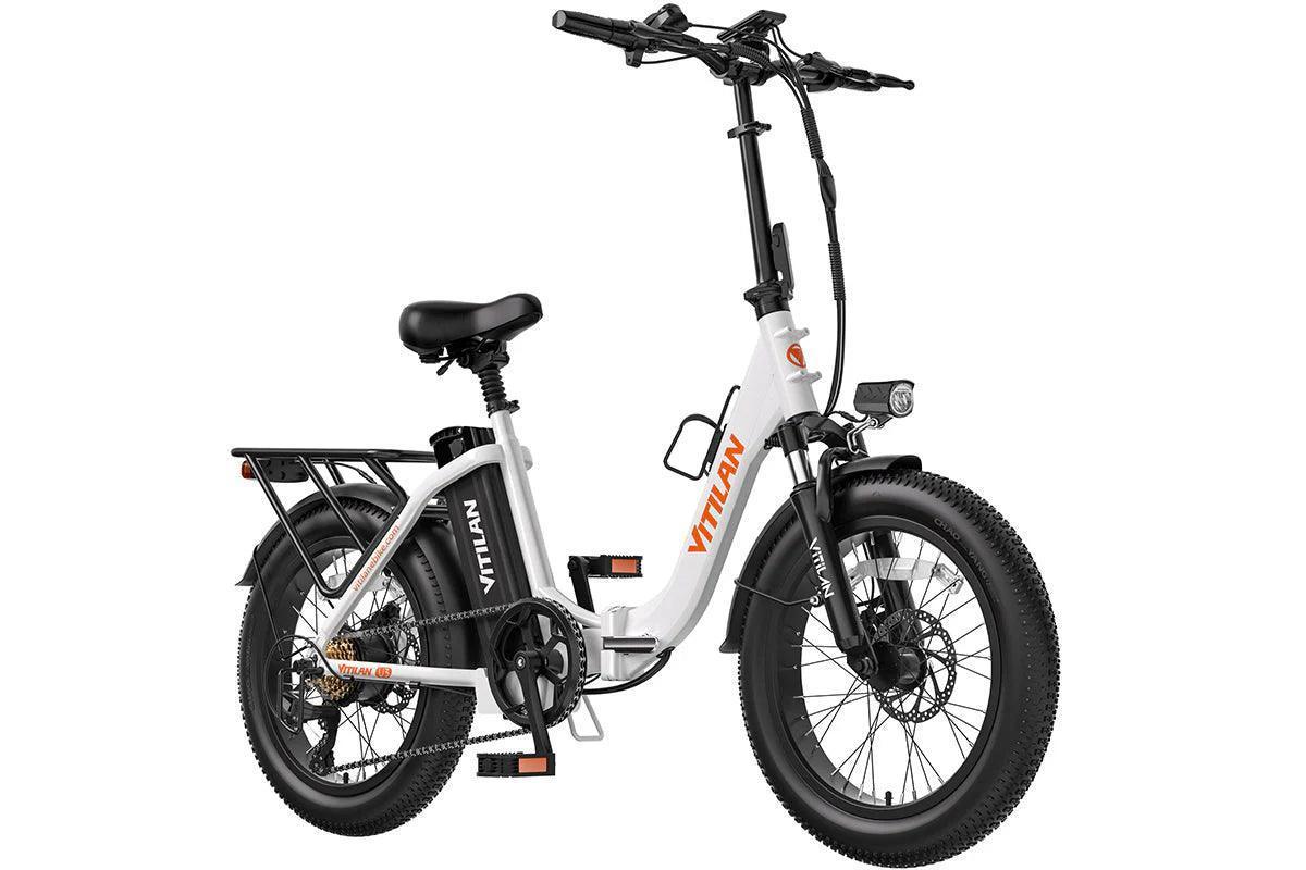 Vitilan U7 electric bike in white, side view with fat tires and rear rack