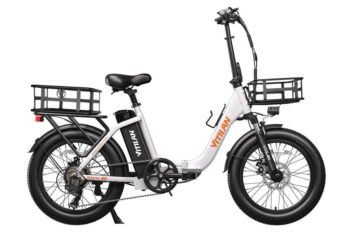 VITILAN U3 white electric bike side view with front and rear cargo baskets