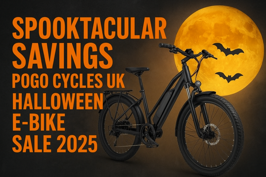 Black electric bike side view with Halloween full moon and bats background
