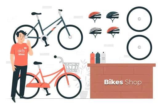 cartoon bike shop scene with bicycles, helmets, wheels, and a staff member at the counter
