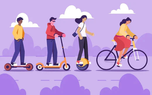 Illustration of people riding an electric bike, e-scooter, hoverboard, and unicycle outdoors