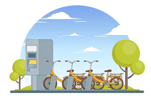 electric bikes at charging station in city park, side view