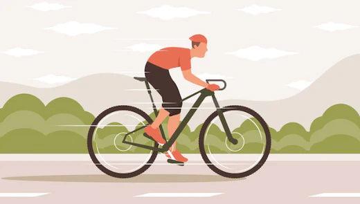 Illustration of a person riding an electric bike outdoors on a city road, side view