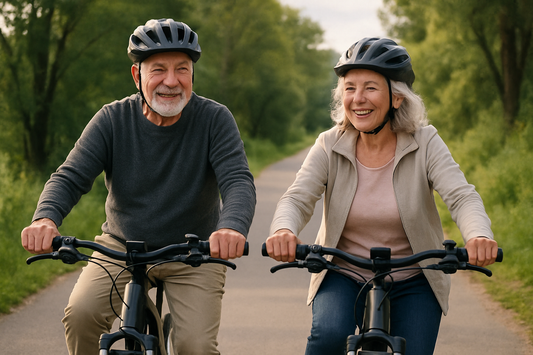 Senior couple riding electric bikes on forest path, front view, lifestyle setting