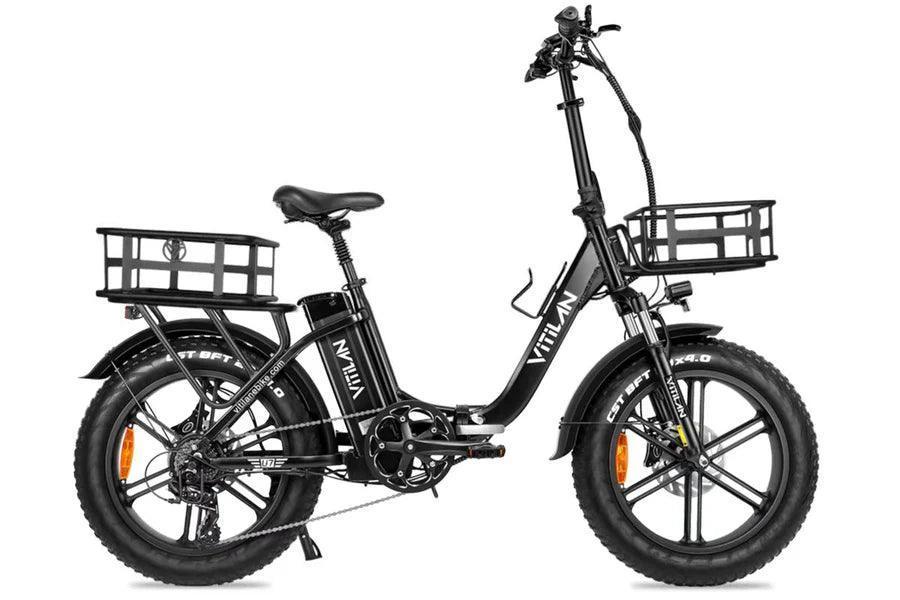 Vtuvia U7 black electric bike side view with front and rear cargo baskets