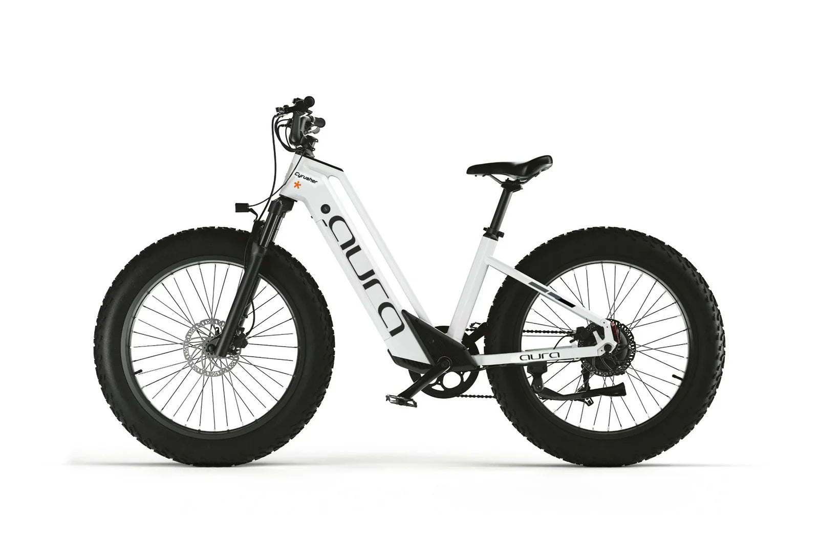 Cyrusher Aura Step-Through Electric Bike in white with black tires - left view on a white background - Pogo Cycles