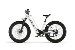 Cyrusher Aura Step-Through Electric Bike in white with black tires - left view on a white background - Pogo Cycles