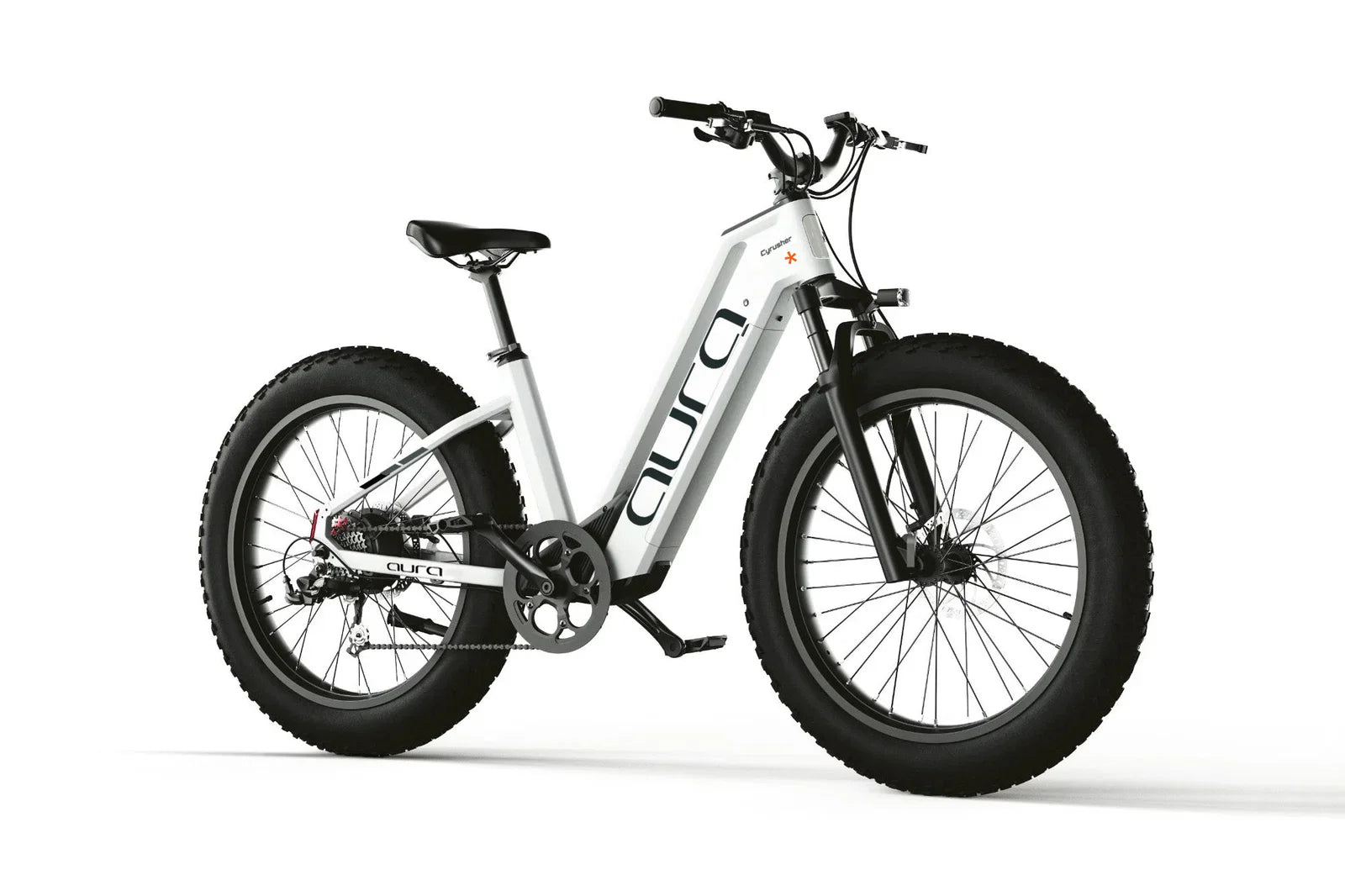 Cyrusher Aura Step-Through Electric Bike in white with black tires on a white background