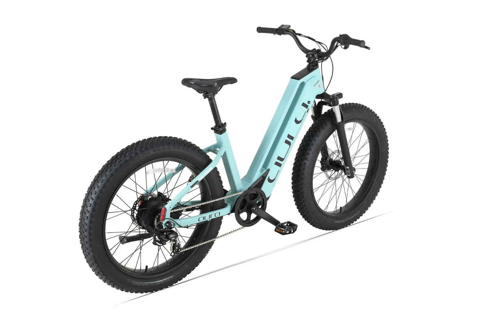 Cyrusher Aura Step-Through Electric Bike in light blue - side view on a white background