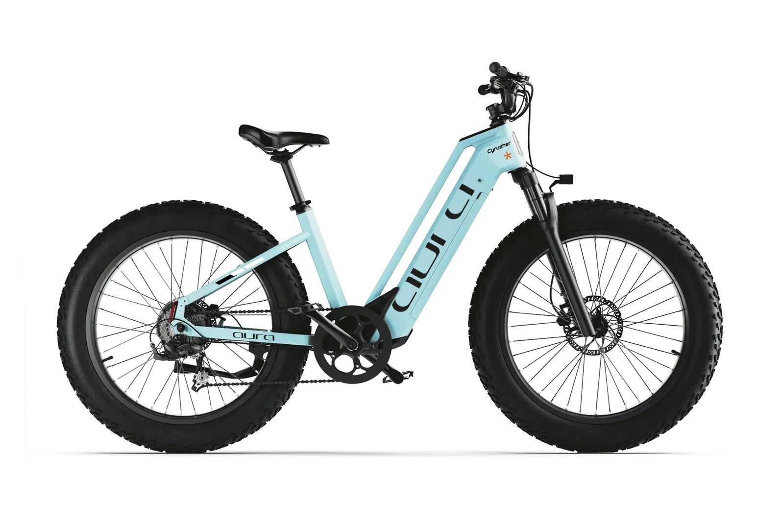 Cyrusher Aura Step-Through Electric Bike in light blue on a white background