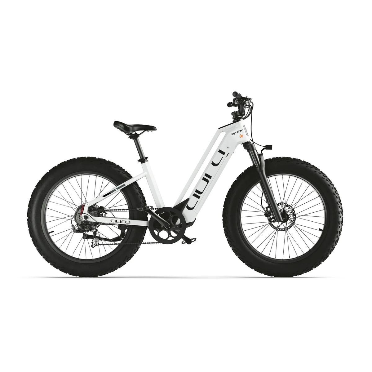 Cyrusher Aura Step-Through Electric Bike in white with black tires on a white background