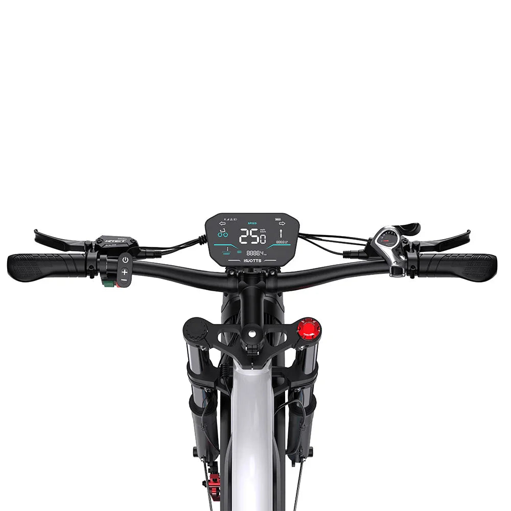 Close-up of a DUOTTS N26 Electric Bike handlebar with a digital display on a white background