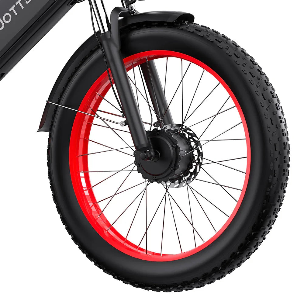Close-up of a DUOTTS N26 Electric Bike wheel with a red rim and black tire on a white background