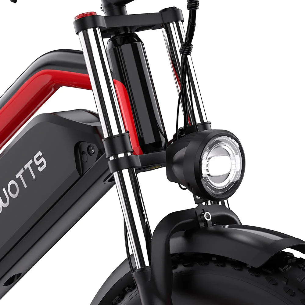 Close-up of a scooter's headlight and suspension fork - DUOTTS N26 Electric Bike
