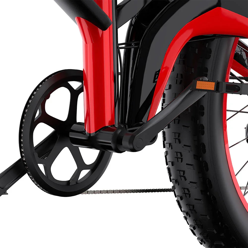 Close-up of a red and black DUOTTS N26 Electric Bike frame with chain and wheel on a white background