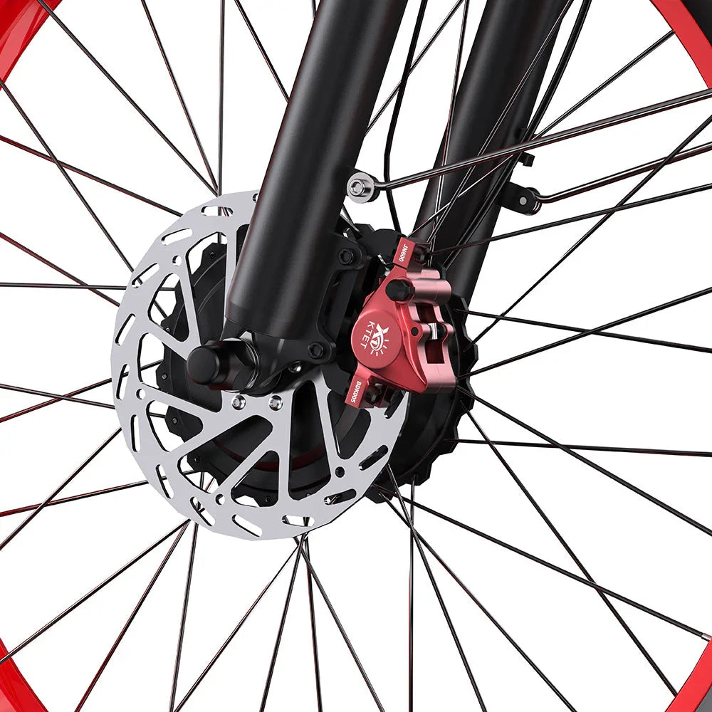 Close-up of a DUOTTS N26 Electric Bike wheel with disc brake and red caliper on a white background