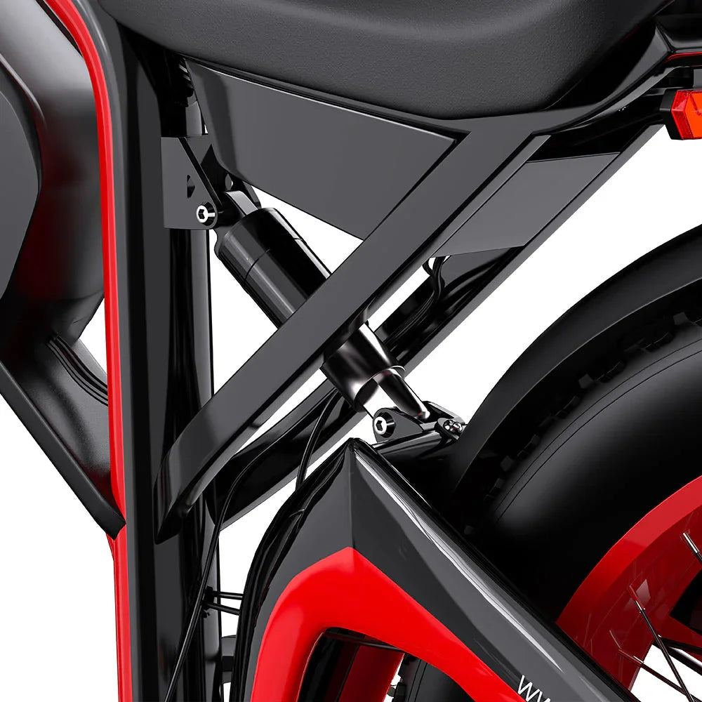 Close-up of a DUOTTS N26 motorcycle's black and red frame on a white background
