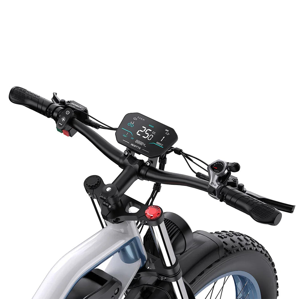 Close-up of an DUOTTS N26 Electric Bike handlebar with a digital display on a white background