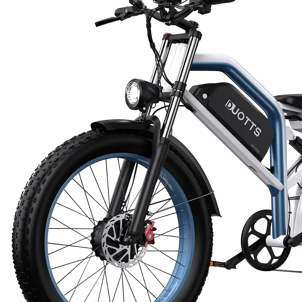 Electric bike with 'Duotts' branding on a white background