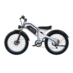 Side view of the DUOTTS N26 Electric Bike featuring a sleek frame, fat tires, dual disc brakes, front suspension, and an integrated battery pack.