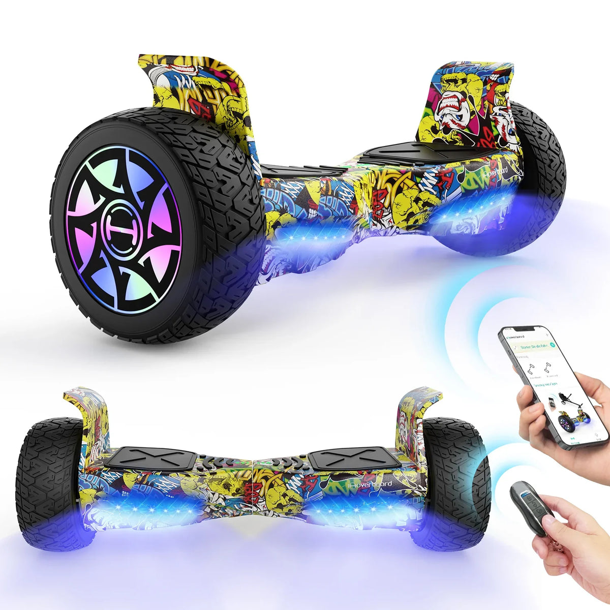 Colorful hoverboard V8  with LED lights on a white background, accompanied by a smartphone and remote control.
