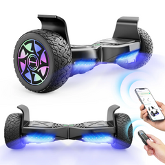 Two hoverboards with glowing wheels and a smartphone app on a white background - Pogo Cycles