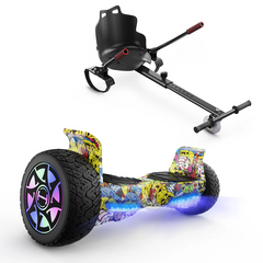 Colorful hoverboard V8 with a go-kart attachment on a white background