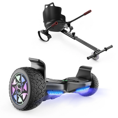 Hoverboard V8 with off-road tires and a go-kart attachment on a white background