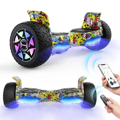 Colorful hoverboard V8  with LED lights on a white background, accompanied by a smartphone and remote control.