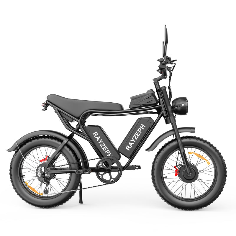 A black RAYZEPH C20 Max electric bicycle with fat tires, a step-through frame, a rear rack, and a front headlight, shown from a side profile on a white background.