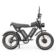A black RAYZEPH C20 Max electric bicycle with fat tires, a step-through frame, a rear rack, and a front headlight, shown from a side profile on a white background.