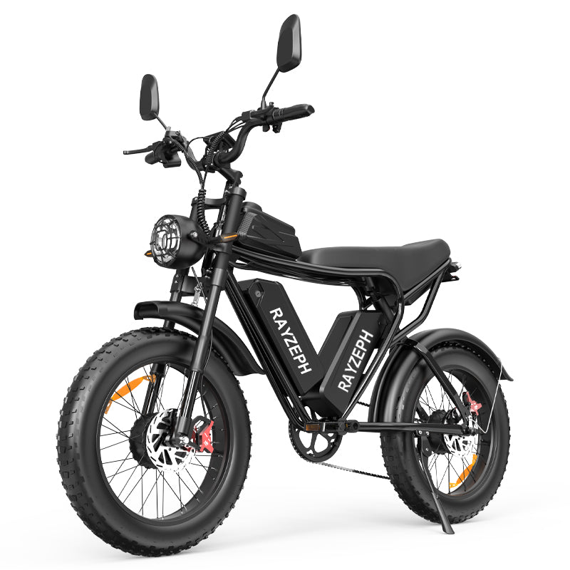 RAYZEPH C20 Max electric fat-tire bicycle in black with a step-through frame, dual rear suspension, and a black seat, shown on a solid white background.