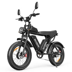 RAYZEPH C20 Max electric fat-tire bicycle in black with a step-through frame, dual rear suspension, and a black seat, shown on a solid white background.