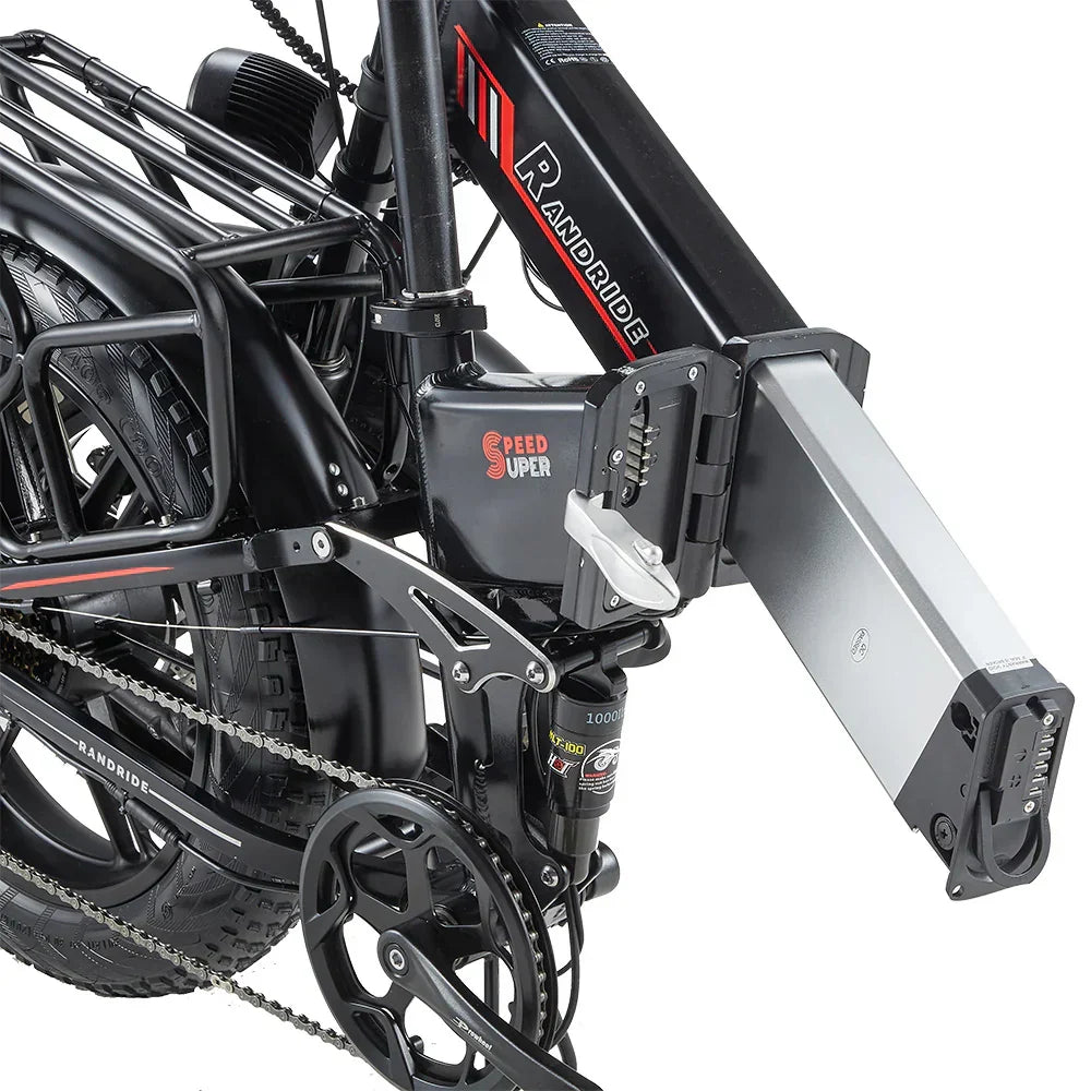 Close-up of a RANDRIDE YX20M-2 Dual Motor Electric bicycle with a visible brand logo on a white background
