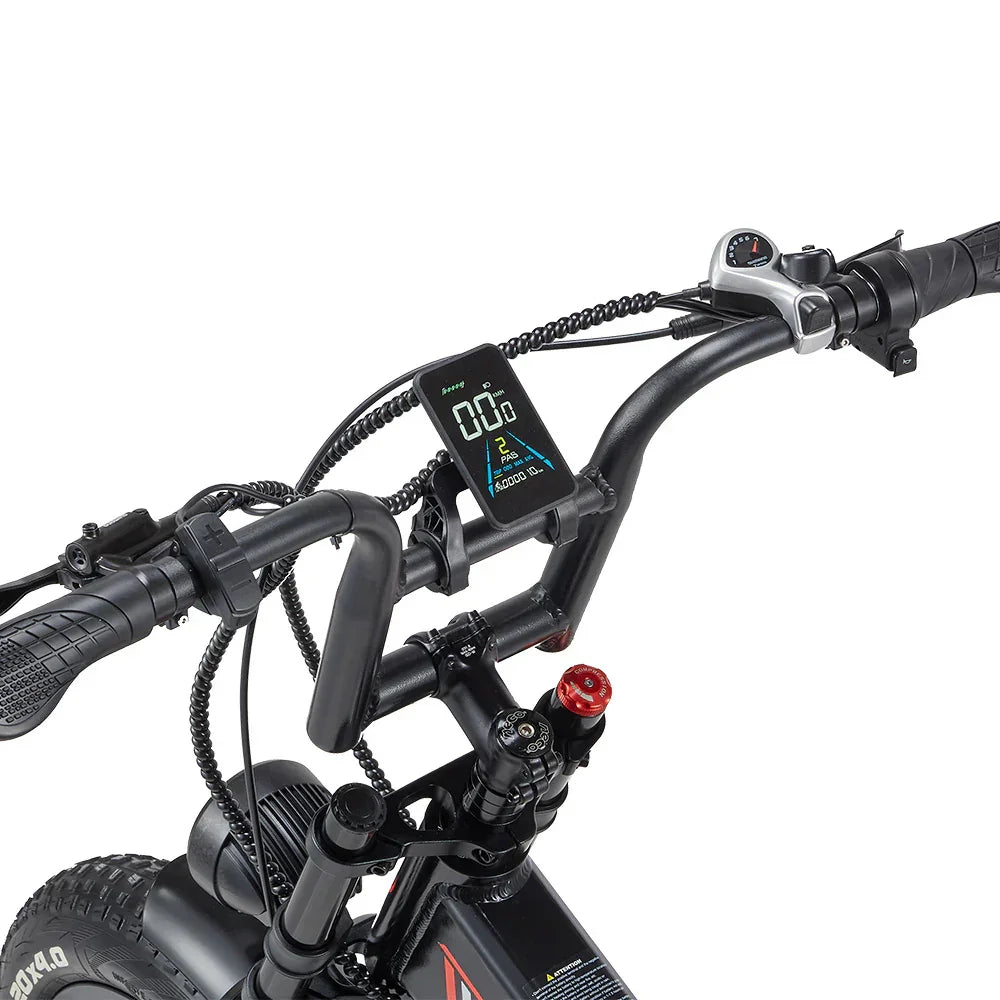 Close-up of an RANDRIDE YX20M-2 Dual Motor Electric Bike's handlebar with a digital display on a white background