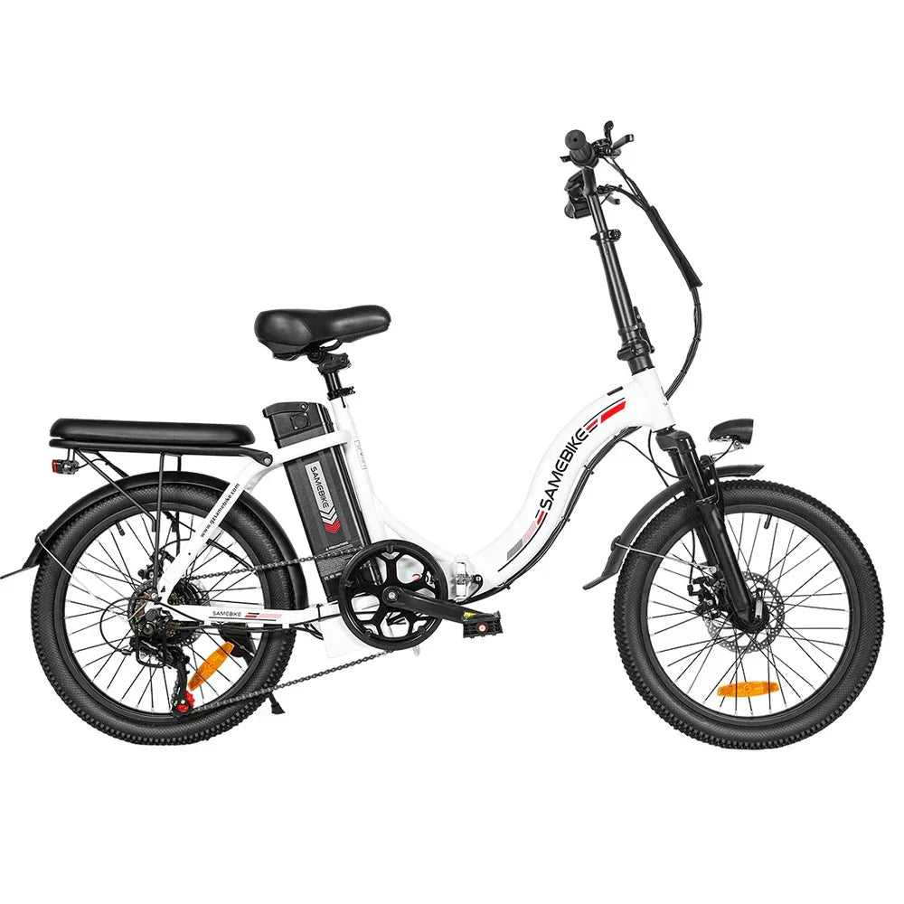 SAMEBIKE CY20 electric bike white side view with rear rack and step-through frame