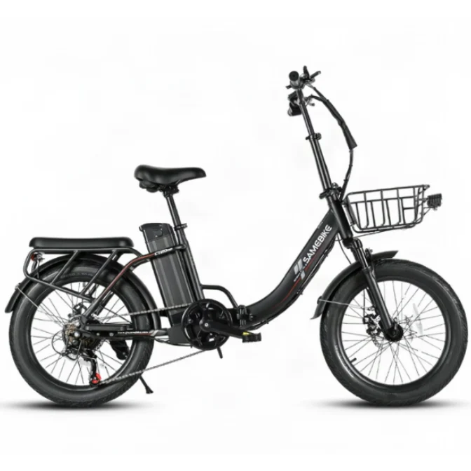 A black SAMEBIKE CY20 Pro Electric  bicycle with fat tires, a step-through frame, a rear cargo seat, a front basket, and a central battery pack, shown against a plain white background.