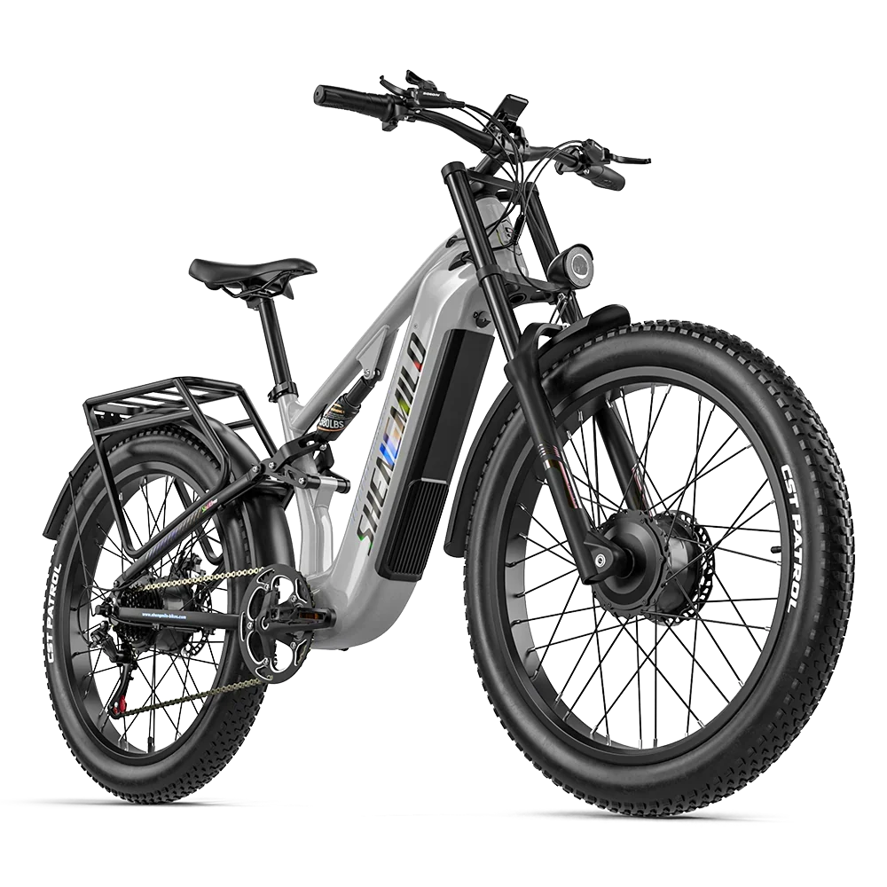 A silver and black Shengmilo S600Pro Dual Motor electric fat-tire bicycle with a rear cargo rack, shown from a three-quarter angle on a white background.